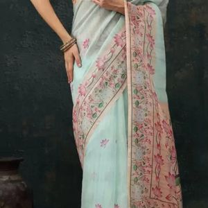 teal and pink, cotton blend, chanderi type saree