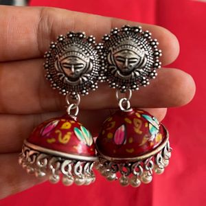 Hand Painted Red Meenakari Jhumki