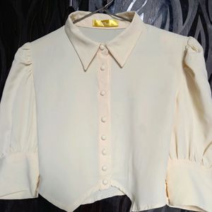 New Stylish Korean Puff Sleeve Cream Crop Top