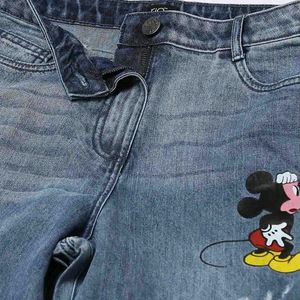 Mickey Mouse Print Distressed Jeans