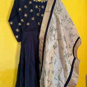 Navy Blue Anarkali With 2 Duppatas