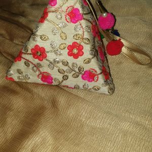 Triangular Golden Zari Embroidered Party Bag