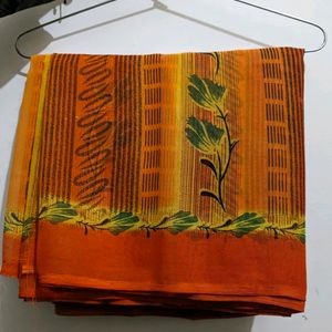 Orange Flower Print Saree