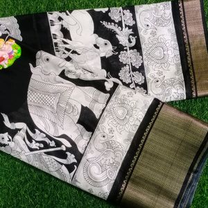 Kalamkari Dola silk black white