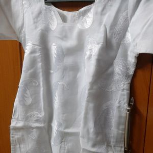 White Embroid Shiny Kurti With Pant