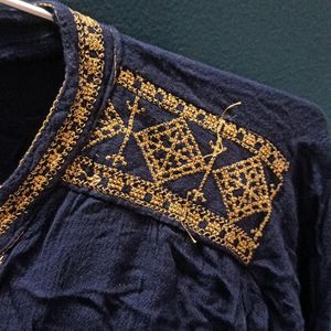 Navy Blue Cotton Top With Thread Embroidery -m/L