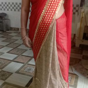 Red And Cream Colour Mirror Work Saree