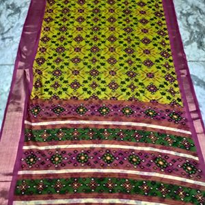 Yellow lenin Cotton Pochampalli Print Saree