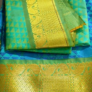 New Blue And Green Silk Saree Mix Zari