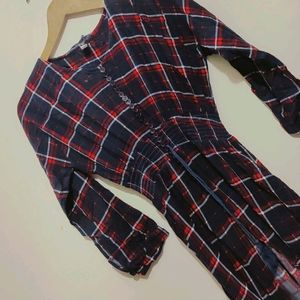 Red & Navy Blue Check Print Long Front Cut Open Ku