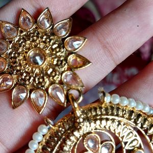 White Gold Pearl Kundan Chandbali Earrings