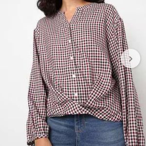 Checked Shirt With Notched Round Neck