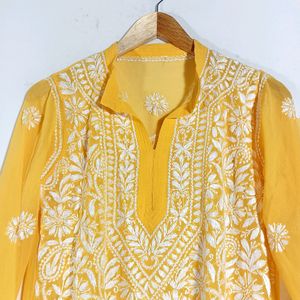 Bright Yellow Chikan-Kari Kurti With Cotton Inner