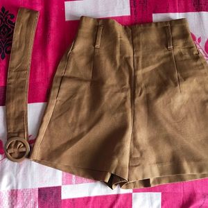 Khaki Brown Shorts With Waist Belt