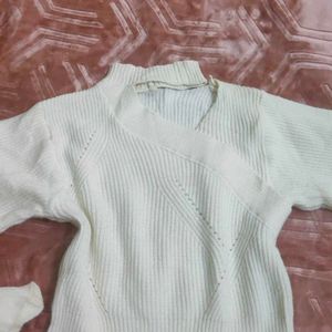 White  Neck Cut Sweater  With Puff Hands