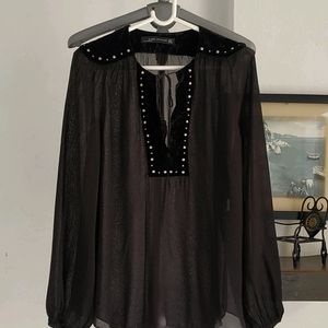 Zara Long Sleeve Tassel Black Velvet Studs Blouse