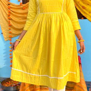 Yellow Anarkali Kurta And White Pants