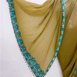 Olive Green Saree With Blue Zari Work On