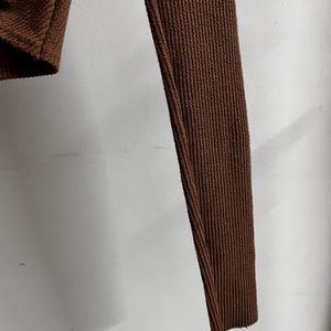 New Brown V Neck Ribbed Top