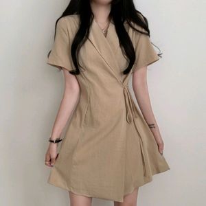 Korean Linen Wrap Short Sleeve Dress