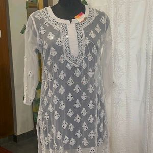 Chikankari Mirror Work White Kurti