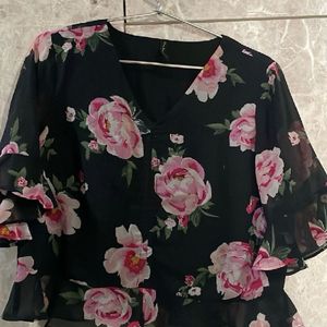 Black Flower Print Top Cum Crop Piece