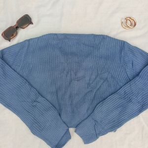 Pretty Blue Woolen Crop Cardigan