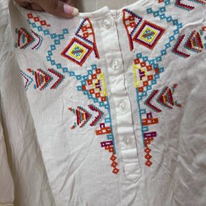 Multicolour Embroidery Kurta With Pompom