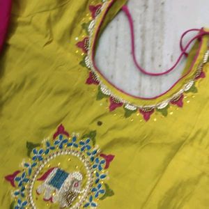 Vibrant Yellow and Pink Embroidered Elephant Dress