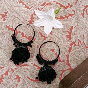 Black Kundan Earrings With White Dotted Detailing