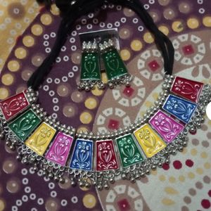 Multicoloured Silver Oxidised necklace