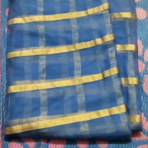 Blue Saree With Golden lines