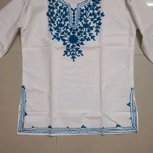 White With Blue Lucknowi Short Kurti