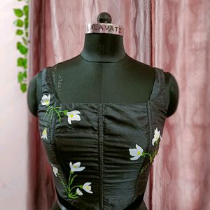 Hand-painted Floral Black Corset Top With Boning