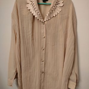 Beige Korean Shirt Embroidered Colar