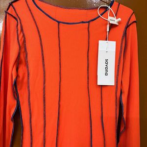 Savana Orange Ribbed Stripped Bodycon Dress