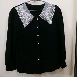 Korean Black Embroidered Collar Shirt✨️