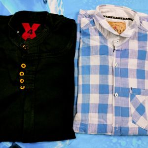 Men's Black And Blue Checked Collar Shirt COMBO