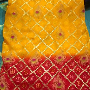 Yellow And Red Bandhani Festive Saree