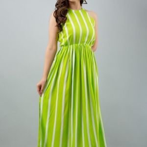 Shangul Green And White Ankle Lenth Dress