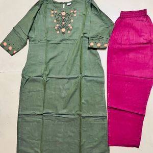 Light Green Kurta With Mauve Ankle Pant Set