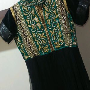 black clr anarkali dress with diamond work and golden zari work with Velvet RamaGreen Lace Bottom