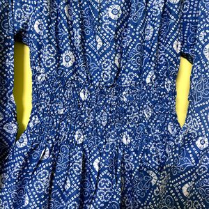 Bandhni Printed Royal Blue Full Sleeve Short Dress