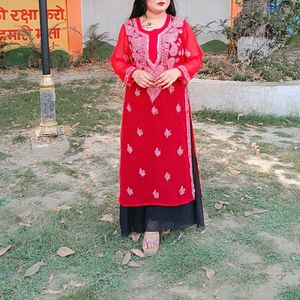 Red Mirror Work Chikankari Kurti