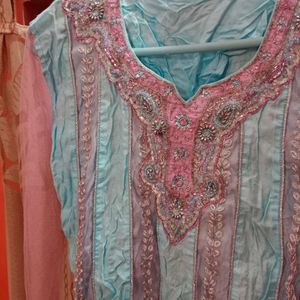 Baby Blue And Pink Embroidered Kurta