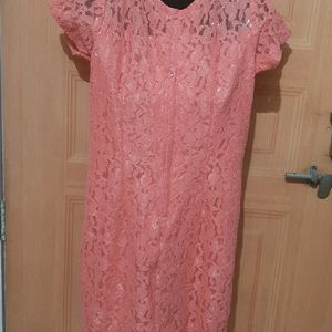 Peach Lace Satin Party Dress.