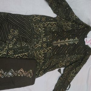 Mehndi Colour Malmal Suit With Seq Dupatta