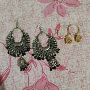 2 Earings (Gold & Oxidised) And 3 Rebun Rubber Ban