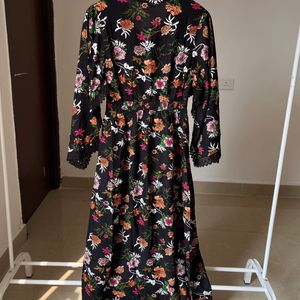 Floral Print Maxi Dress with Flared Sleeves & Lace