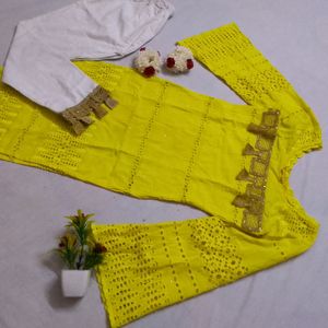 Yellow Kurti With White Trouser 🤍Bust 30